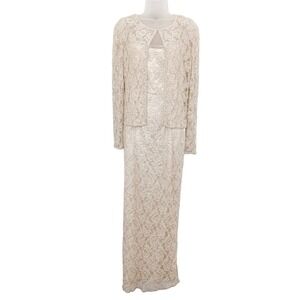 VTG Mes Ami Womens 2-Piece Set Size 8 Cream Lace Beaded Maxi DressSheer Cardigan